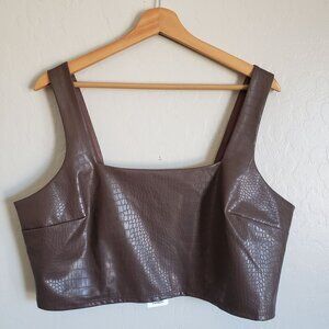 Express Body Contour Faux Croc Leather Crop Top Square Neck Brown Women's XL NEW